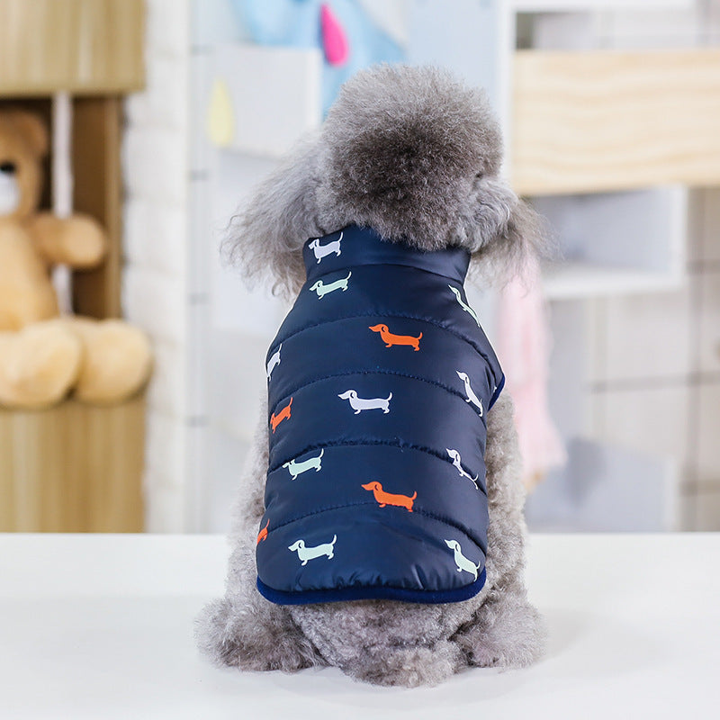 Back view of a small dog wearing the Comfy Vest, highlighting the vest's fit and design from behind.