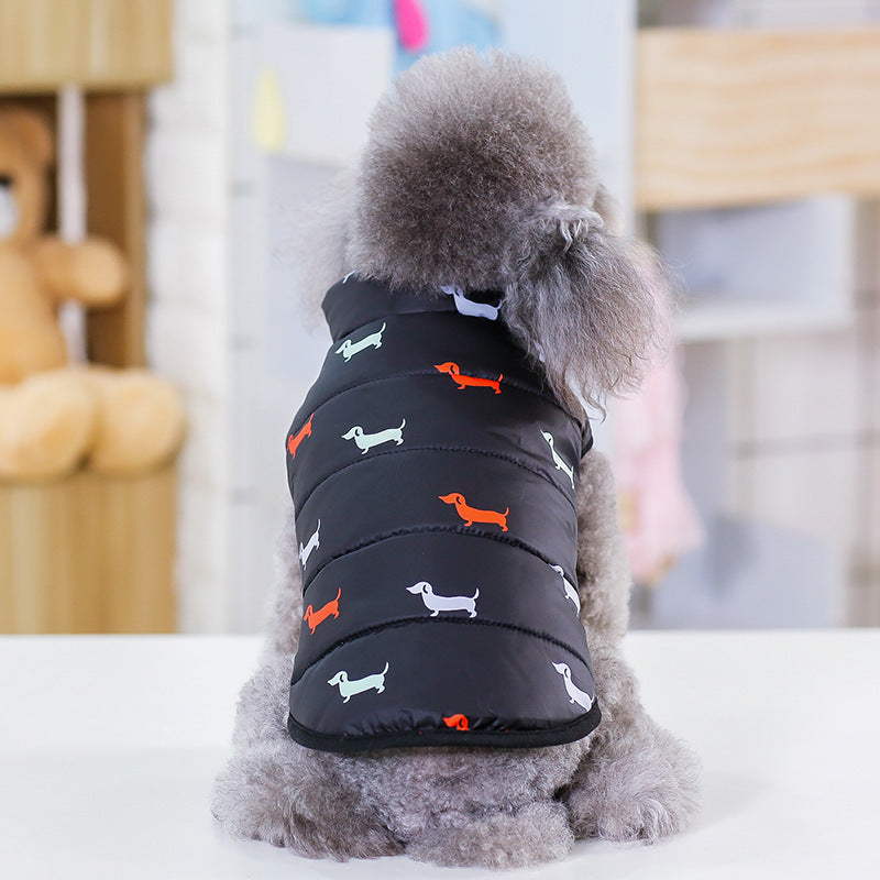 Back view of a small dog wearing the Comfy Vest, highlighting the vest's fit and design from behind.