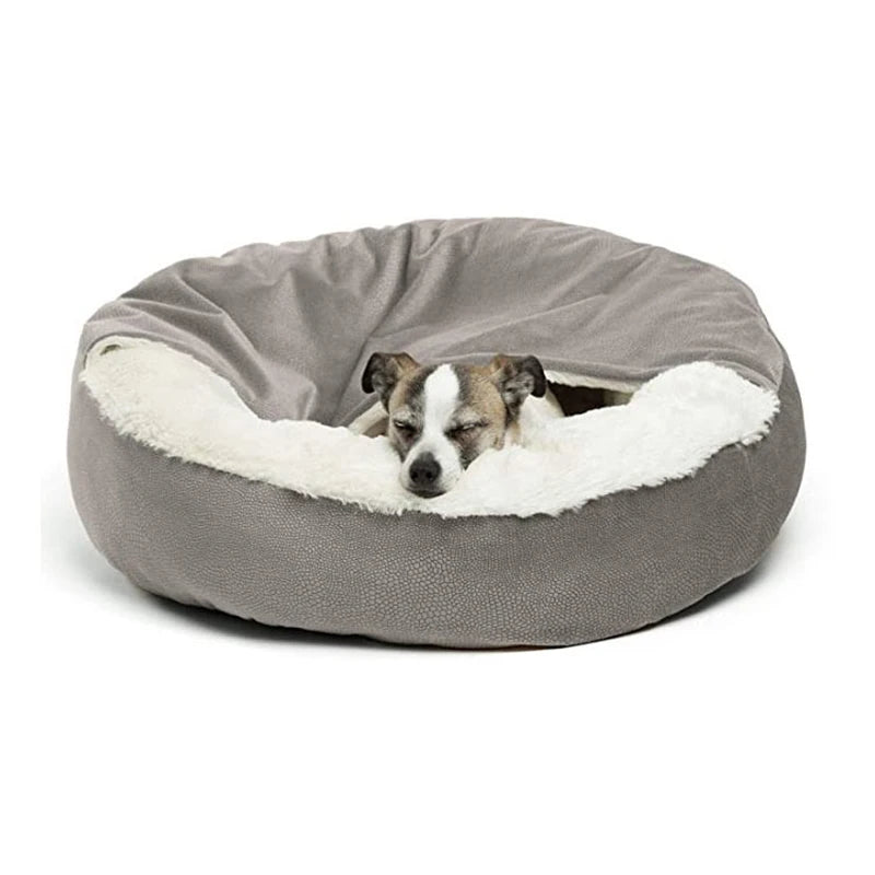 Pet snuggled inside the Cozypaws Orthopedic Pet Bed with attached blanket.