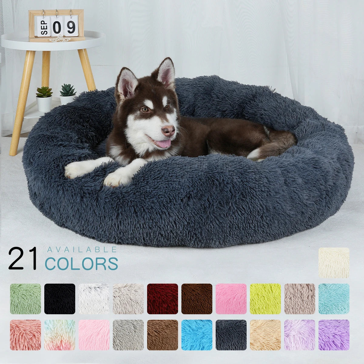 Dog sitting on a blue CozyNest Donut Dog Bed with available color swatches shown at the bottom