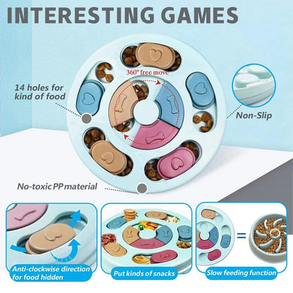 BrainBoost Puzzle Feeder features and packaging details, promoting healthy eating habits for pets