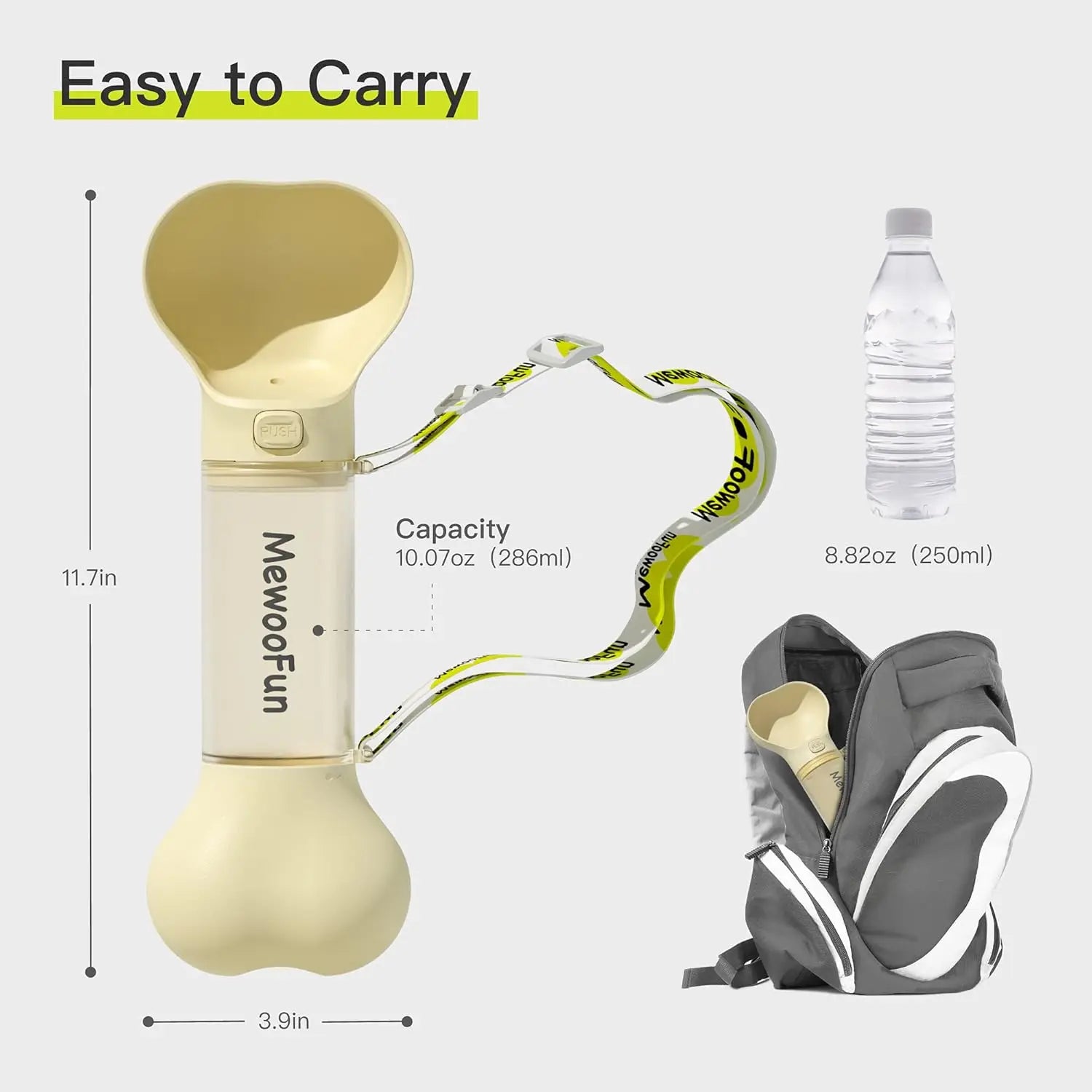 HydroPaws Portable Dog Water Bottle with dimensions and 286ml capacity details for easy reference