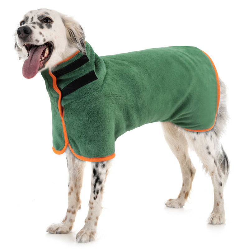 Dog wearing a green CozyDry Microfiber Pet Bathrobe, showcasing the absorbent and quick-dry design